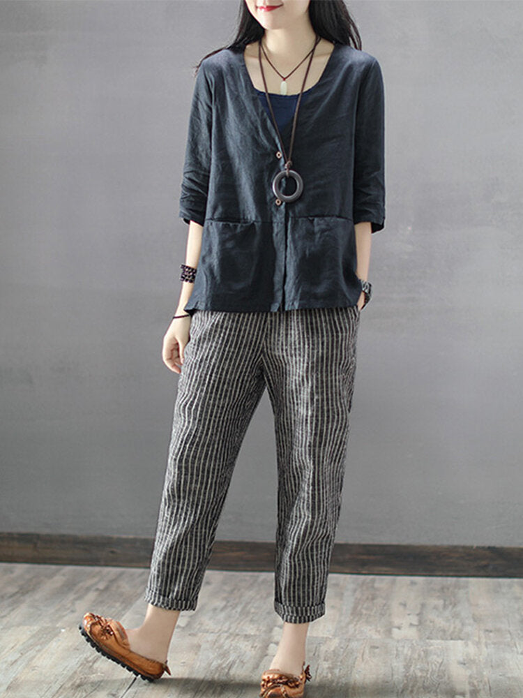 Vintage Striped Pockets Cotton Harem Pants