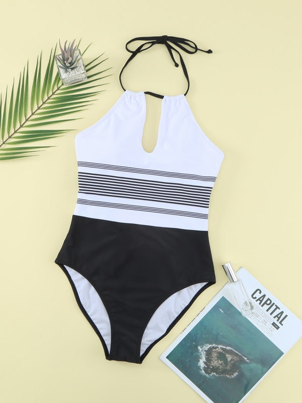 Striped Halter Strap One-piece Swimwear