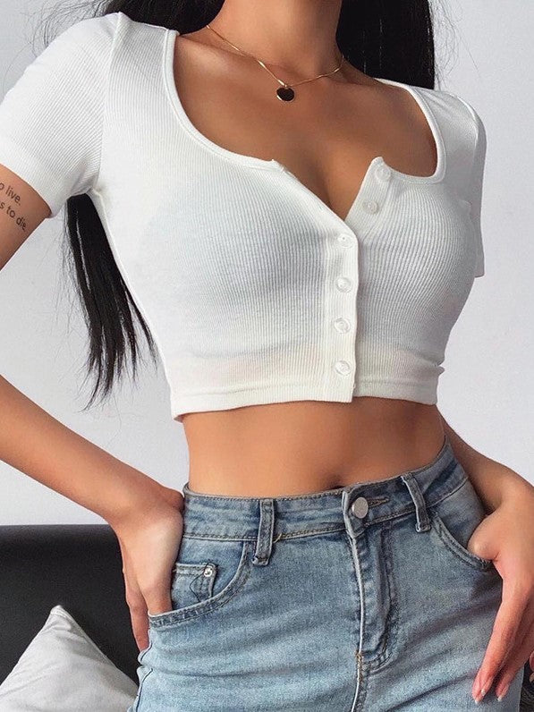 Solid Color Simple Casual Square Neck Top T-Shirt