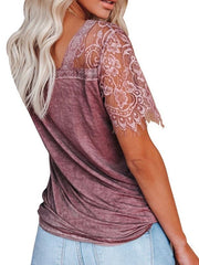 Short Sleeve V-Neck Feather Lace Lace Sleeve Top