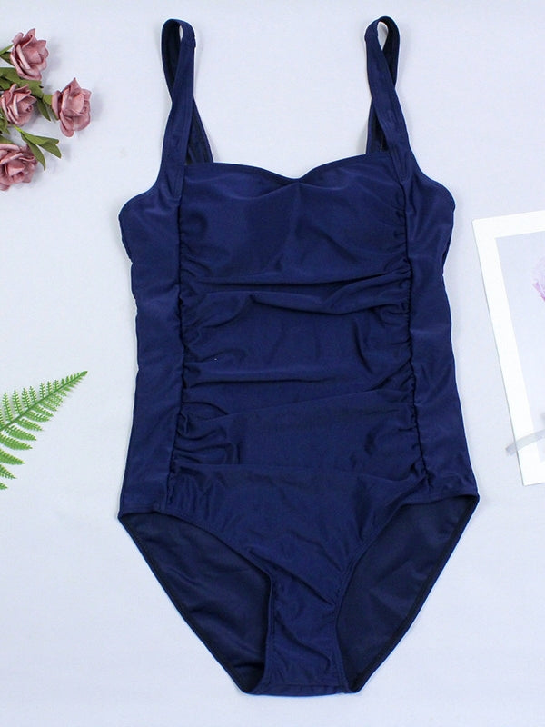 Sexy Solid Color Pleated One-piece Swimwear