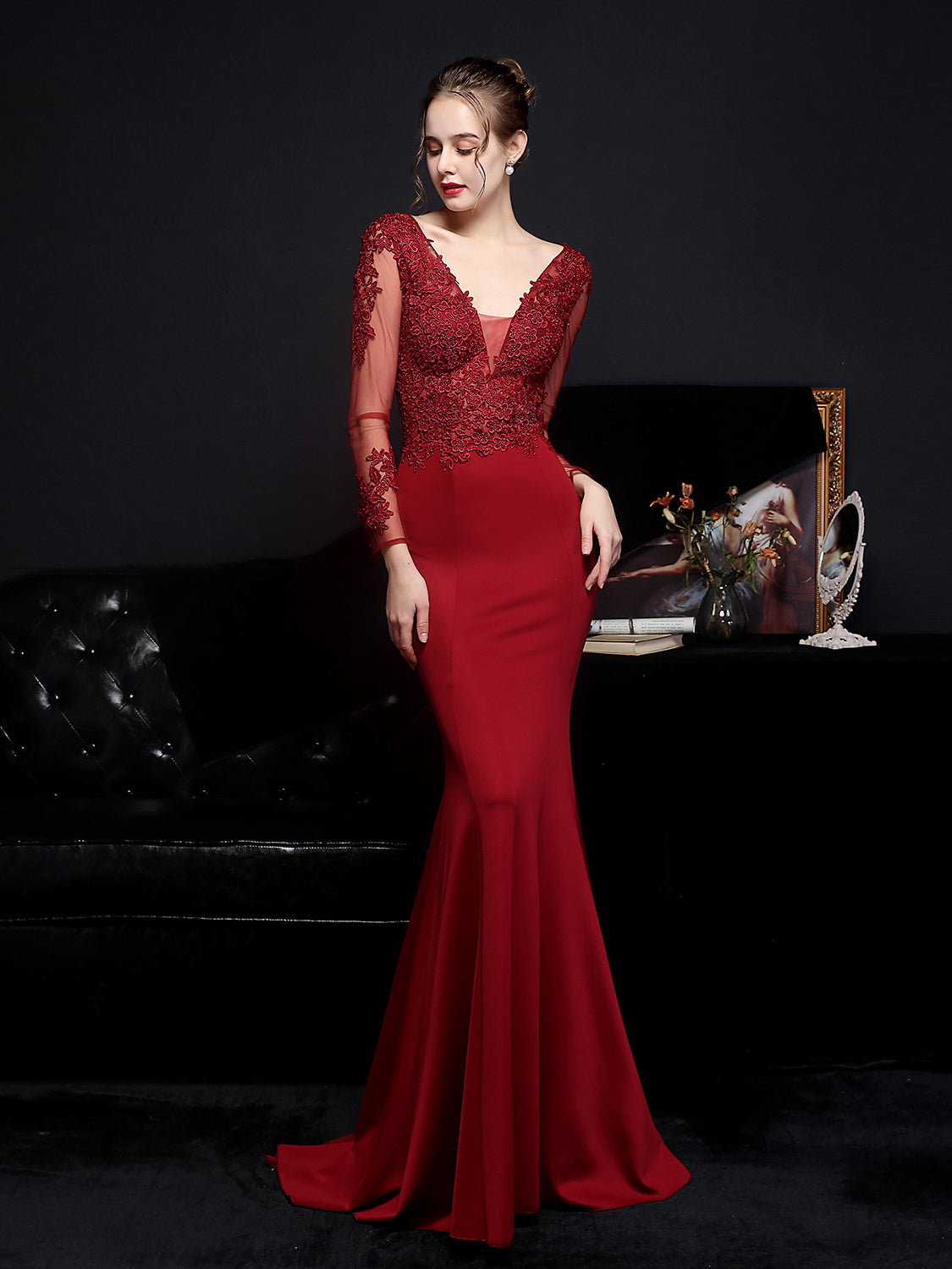 Lace long sleeved evening dress