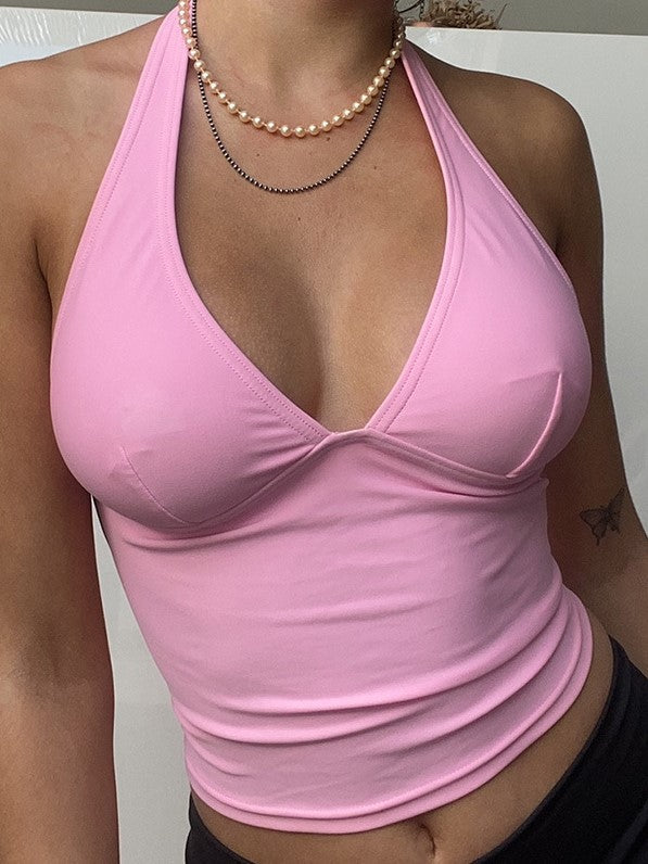 Halter V-Neck Show Breast Strap Slim Backless Top