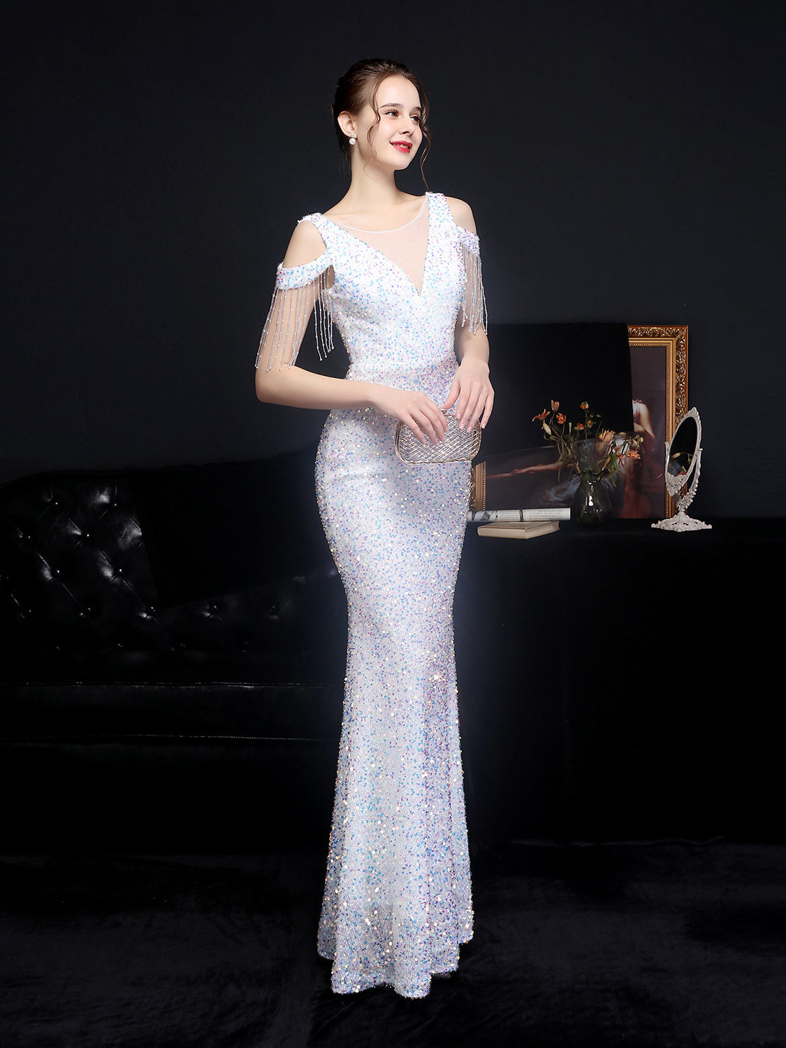 Shiny slim fishtail evening dress