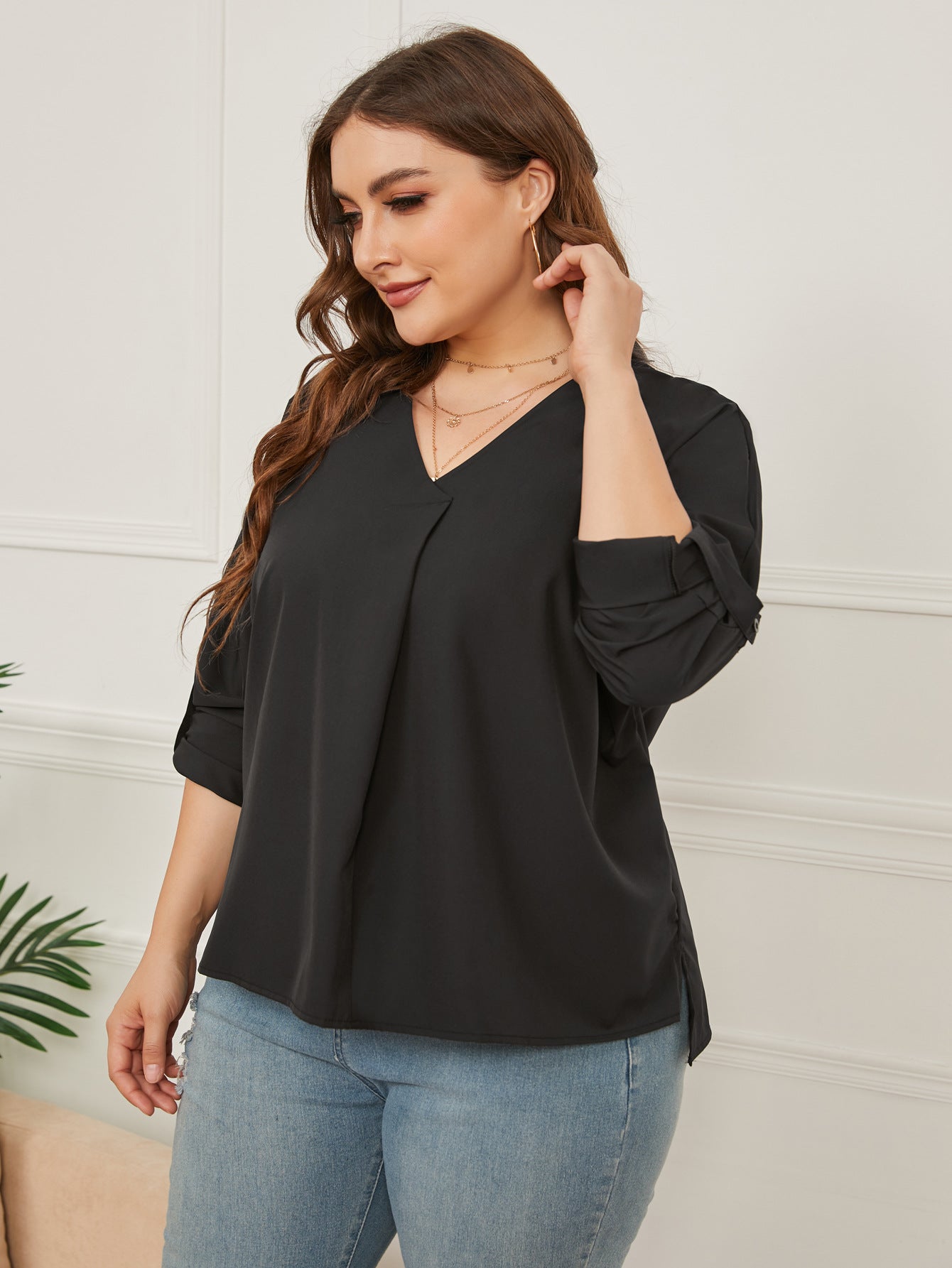 Loose V-Neck Solid Color Long-Sleeved Shirt