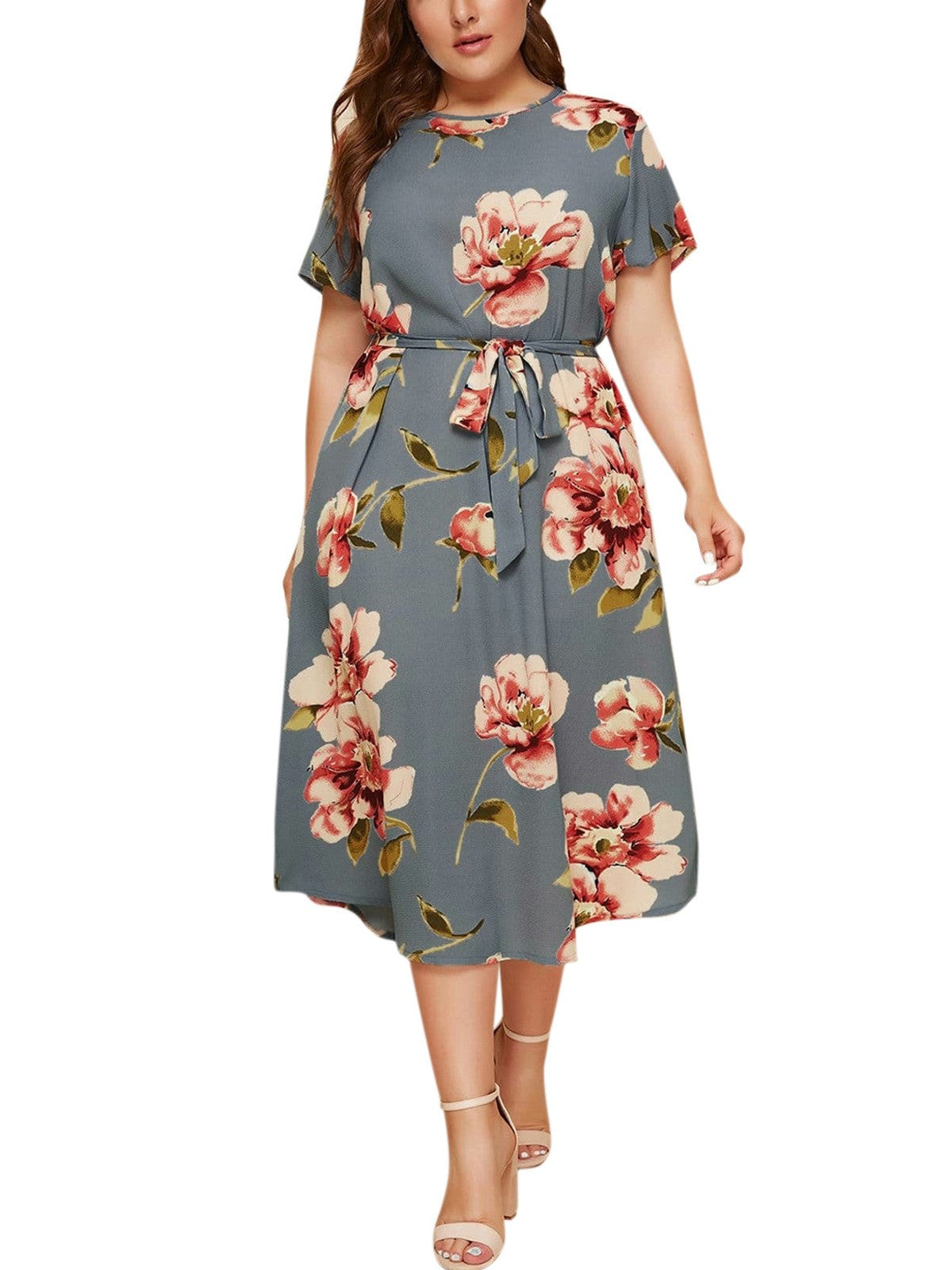 Round Neck Short Sleeve Printed Waist Dress