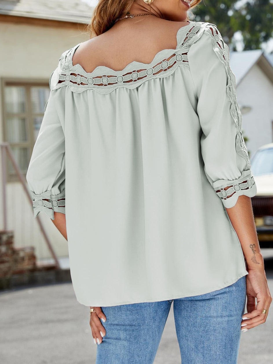 Lace Panel Square Neck Loose Casual Half Sleeve T-Shirt