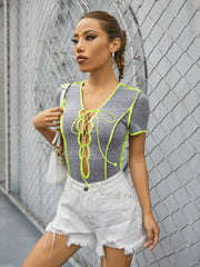 Contrast Line Chest Tie Cutout Ribbed Short Sleeve Bodysuit