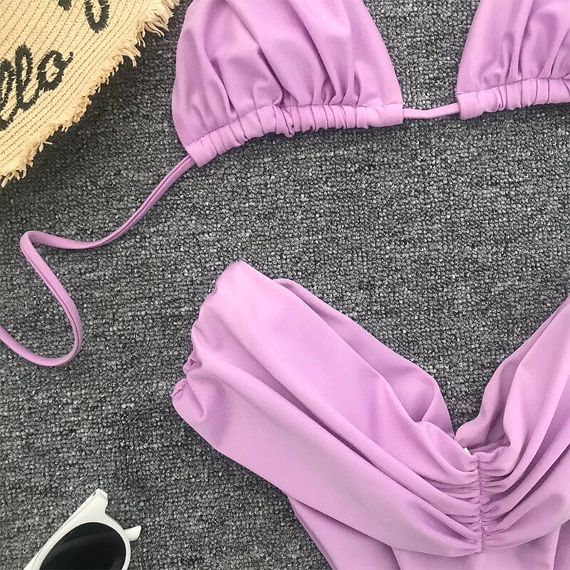 Traje de bikini fruncido liso en morado