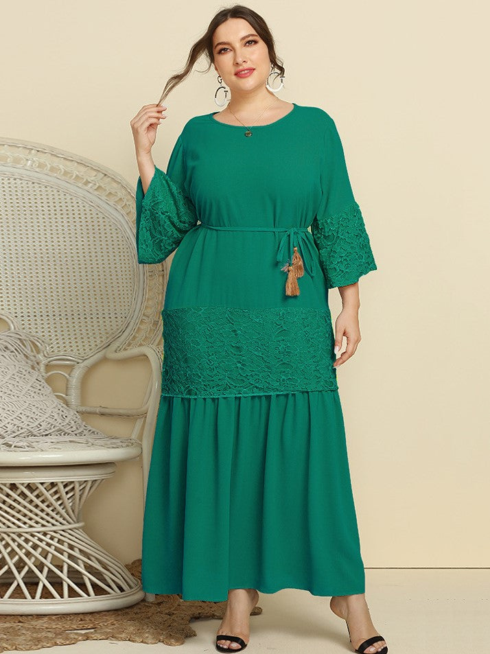 Lace Lace Panel Dress Flare Sleeve Solid Color Elegant Dress