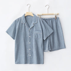 Pyjama-Set mit kurzen Ärmeln und Shorts im Gingham-Stil - Grau