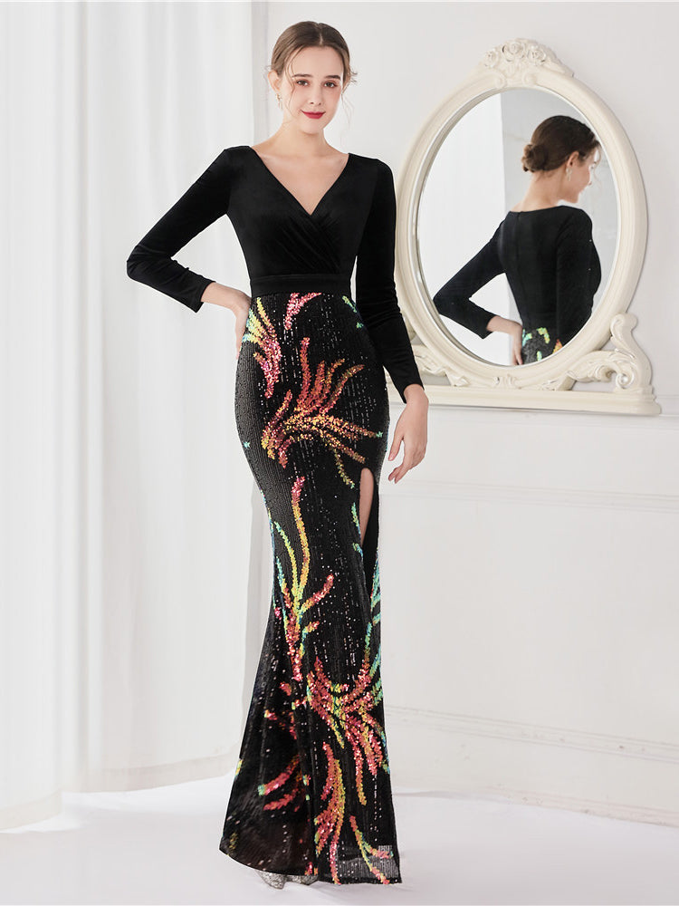 Elegant long sleeved fishtail evening dress