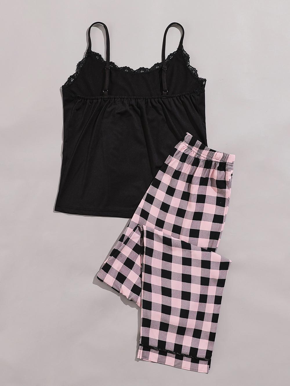 Conjunto de pijama de cuadros y camisola decorada con encaje 