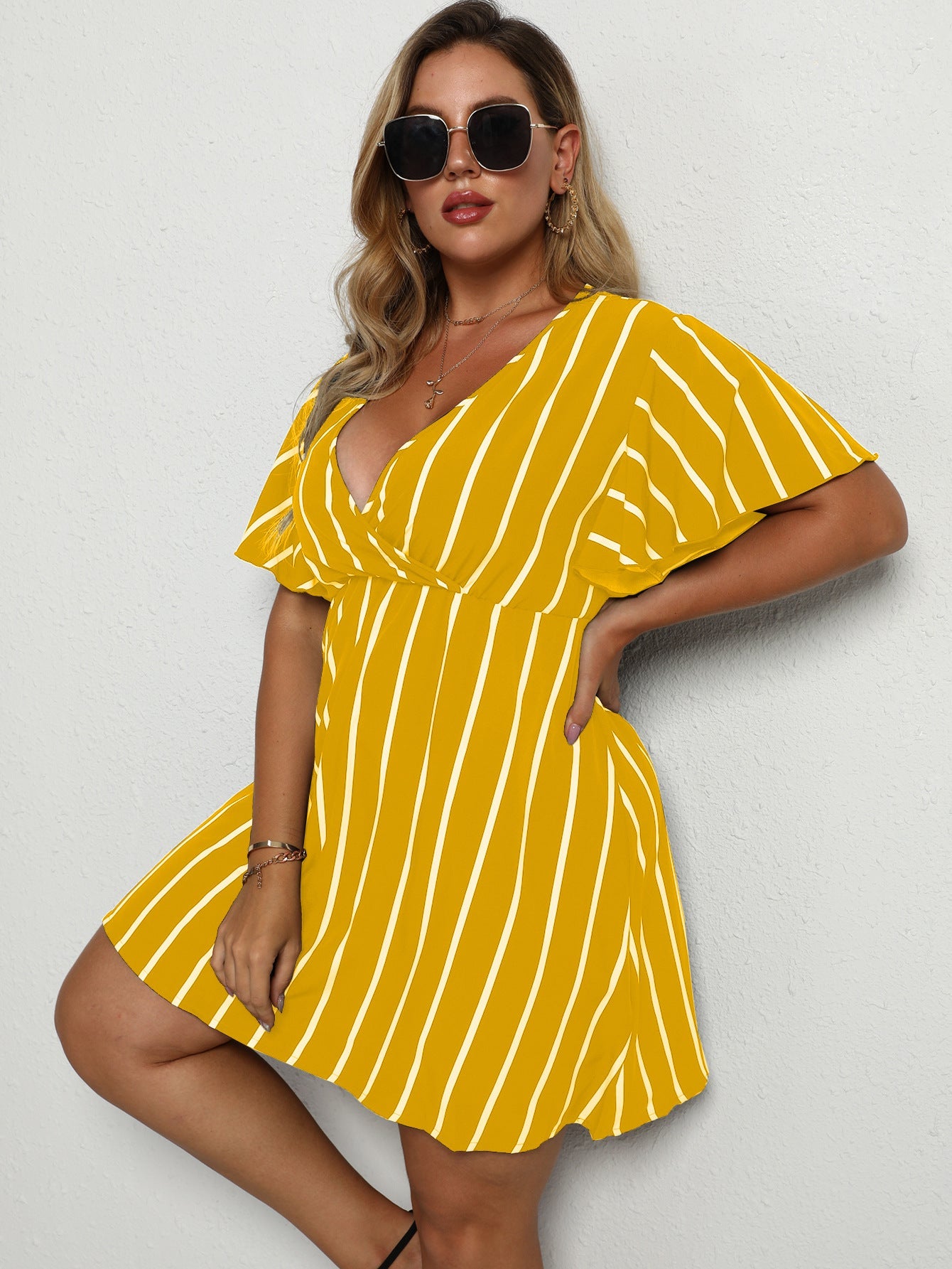 Loose V-Neck Panel Striped Dress