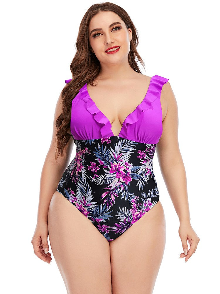 Plus Bodysuit Printed Colorblock Ruffle Swimsuit