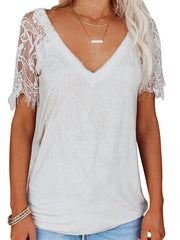 Short Sleeve V-Neck Feather Lace Lace Sleeve Top