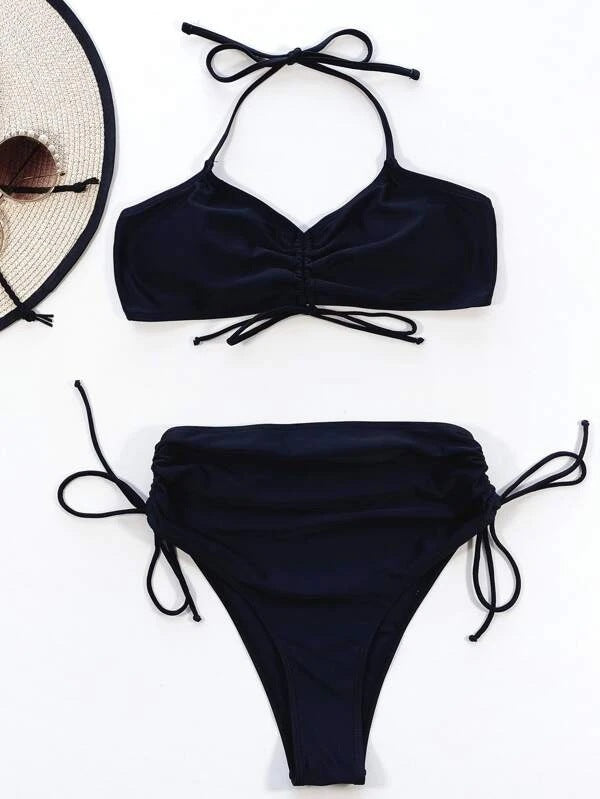 Sexy Solid Color Pleated Bikini Swimwear