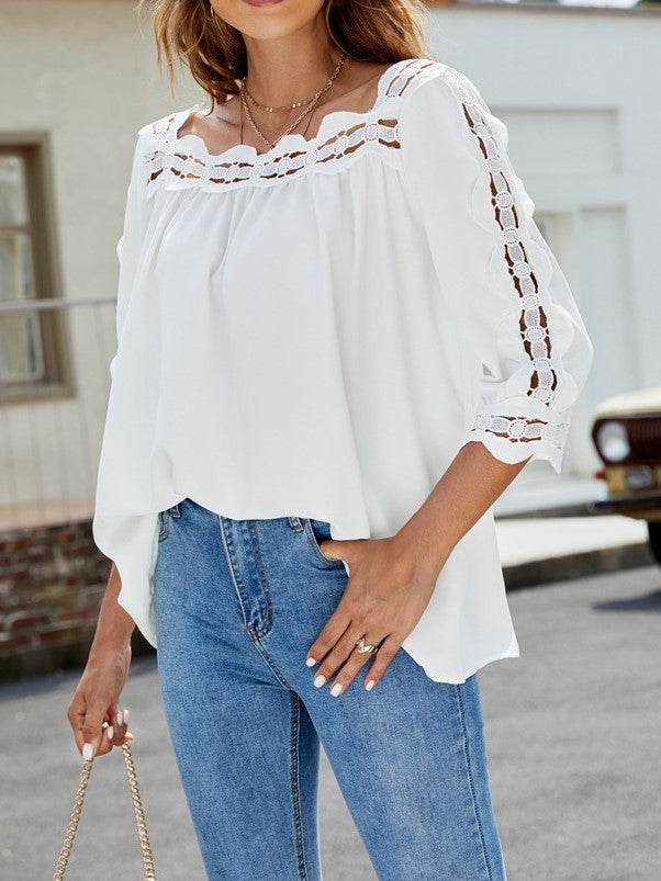 Lace Panel Square Neck Loose Casual Half Sleeve T-Shirt