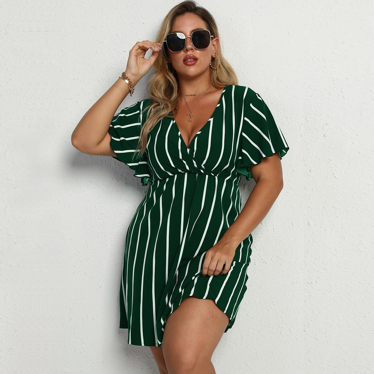 Loose V-Neck Panel Striped Dress