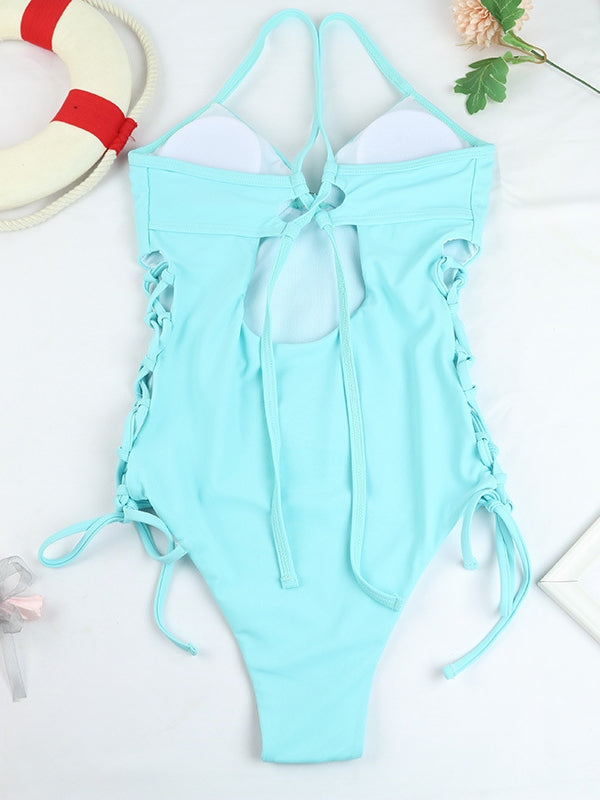 Sexy Solid Color Cut-out Lanyard One-piece Swimwear