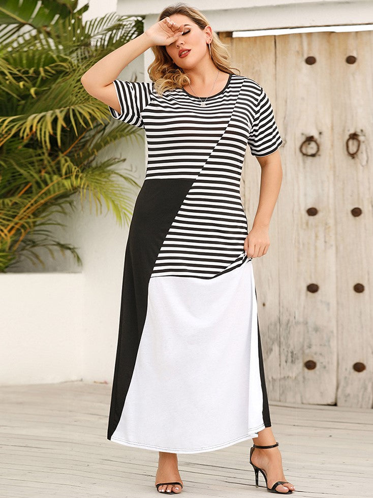 Round Neck Contrast Long Dress Striped Loose Short Sleeve Dress