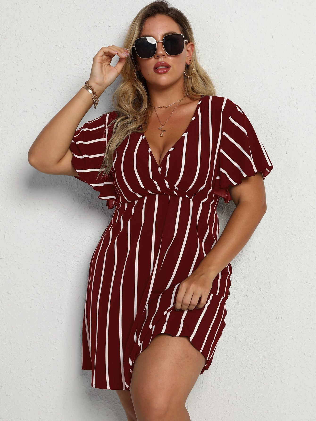 Loose V-Neck Panel Striped Dress