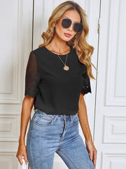 Lace Short Sleeve T-Shirt Crew Neck Casual Ladies Top