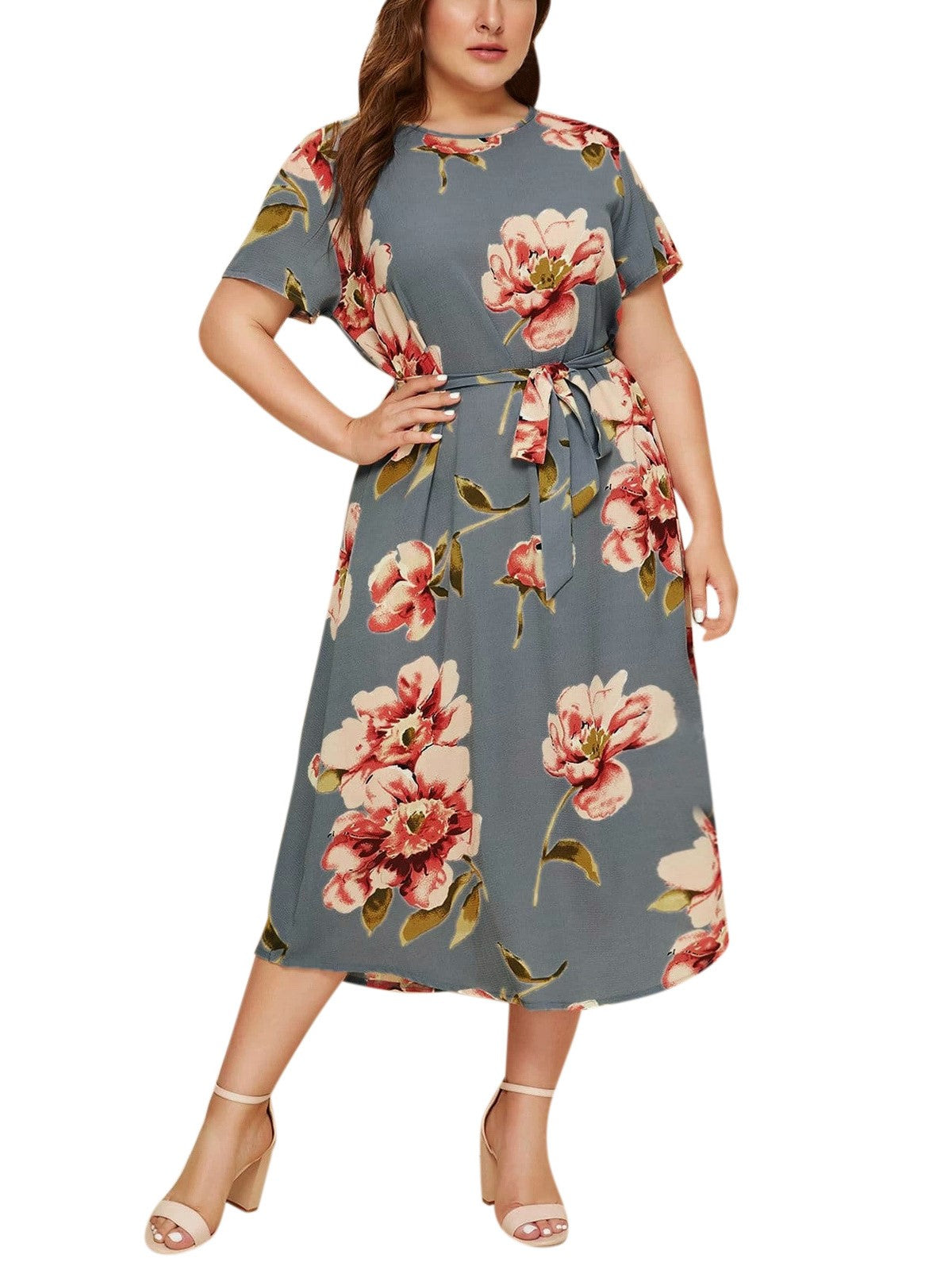 Round Neck Short Sleeve Printed Waist Dress