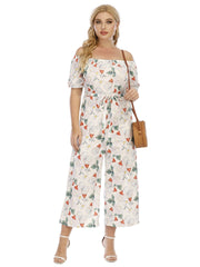 Plus Casual Bodysuit Butterfly Print Neck Tie Wide-Leg Jumpsuit