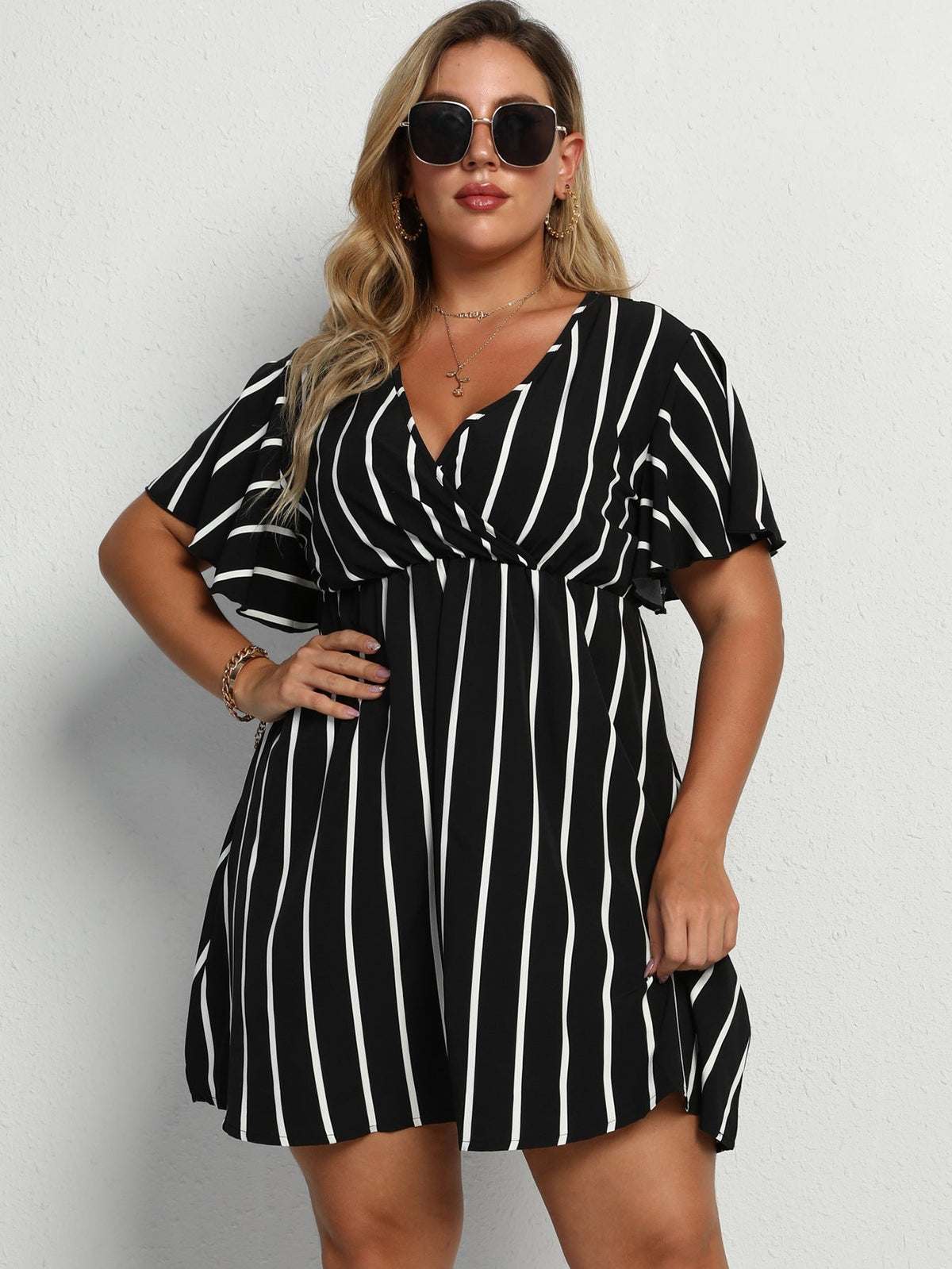 Loose V-Neck Panel Striped Dress