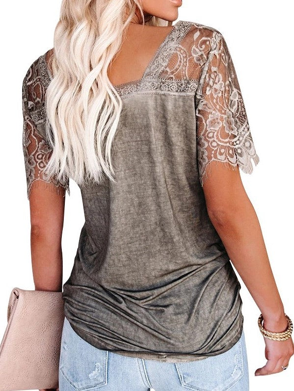 Short Sleeve V-Neck Feather Lace Lace Sleeve Top