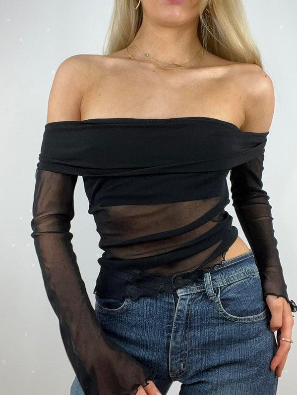 Pullover Off Shoulder Long Sleeve Mesh Sheer Casual Top