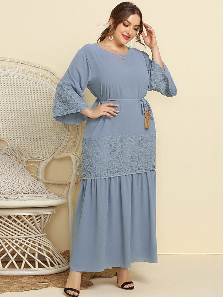 Lace Lace Panel Dress Flare Sleeve Solid Color Elegant Dress