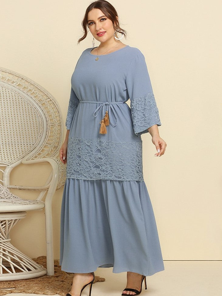 Lace Lace Panel Dress Flare Sleeve Solid Color Elegant Dress