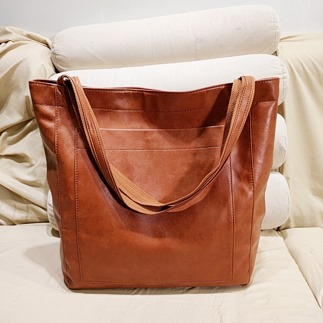 Women's soft leather  with pocket retro oil wax leather large capacity  tote bag