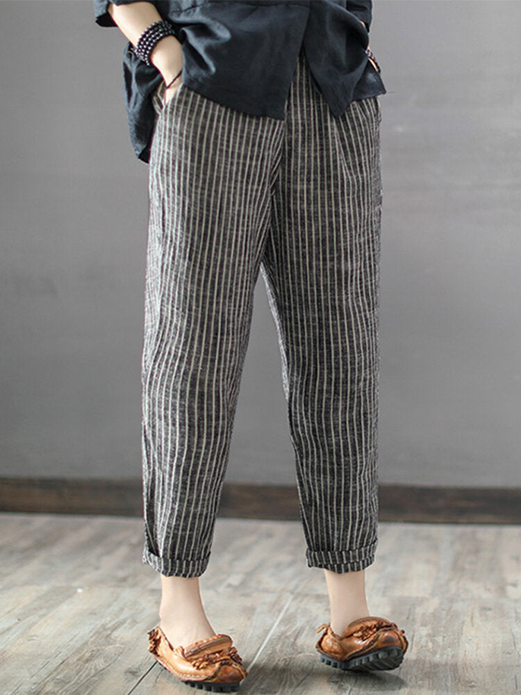 Vintage Striped Pockets Cotton Harem Pants