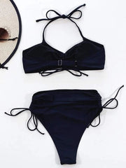 Sexy Solid Color Pleated Bikini Swimwear