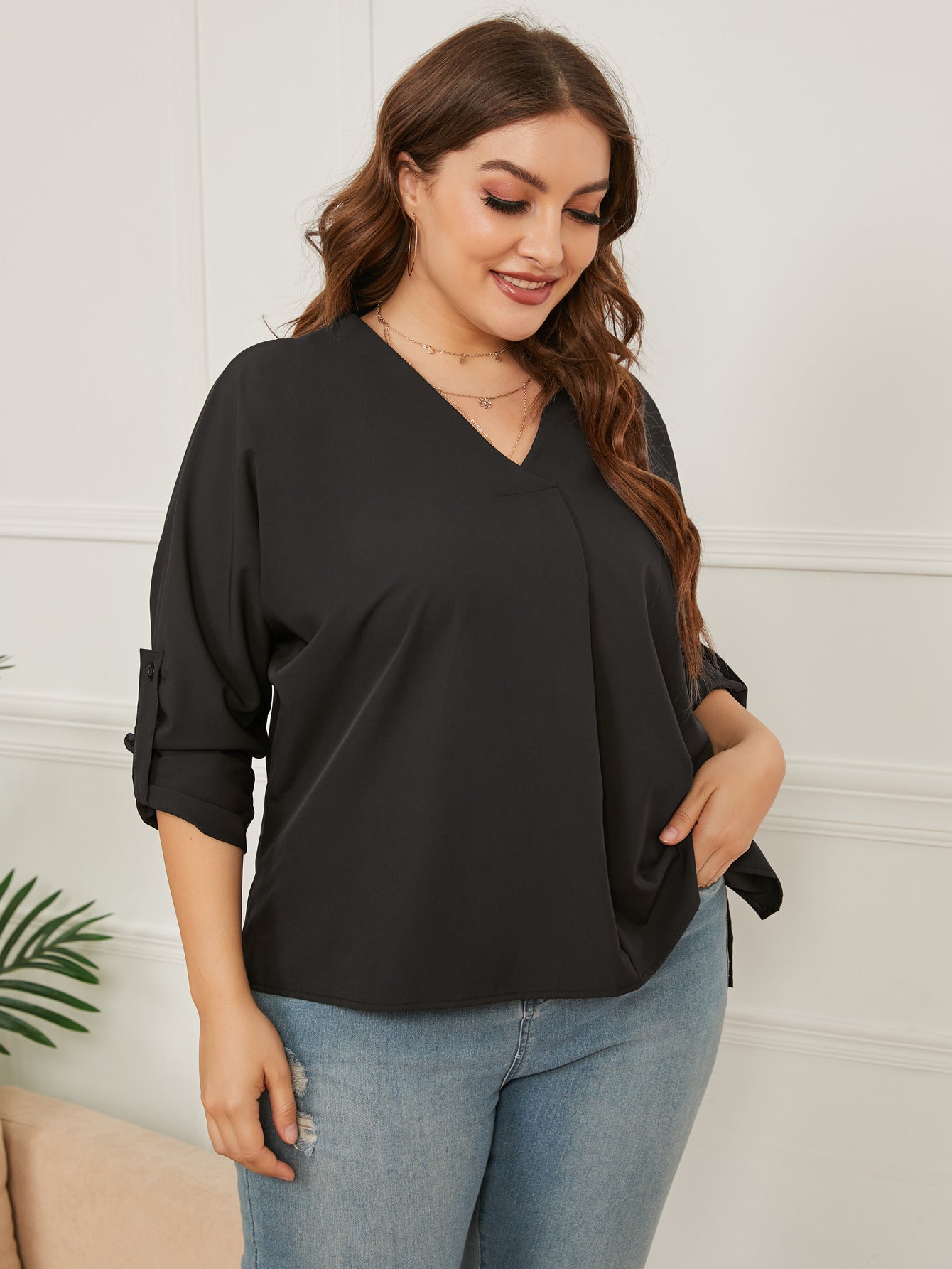 Loose V-Neck Solid Color Long-Sleeved Shirt