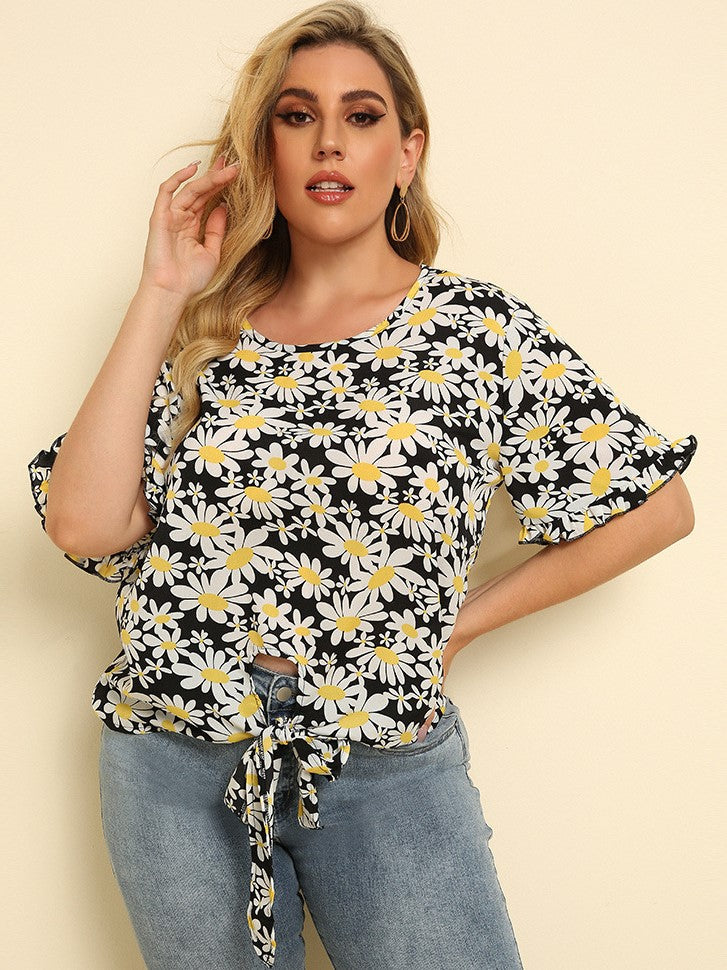 Round Neck Loose Tie T-Shirt Daisy Print Top