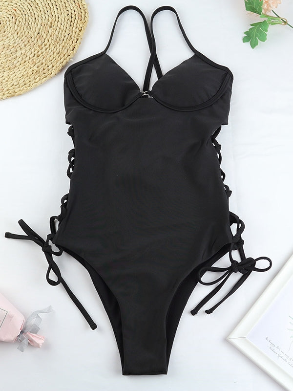 Sexy Solid Color Cut-out Lanyard One-piece Swimwear