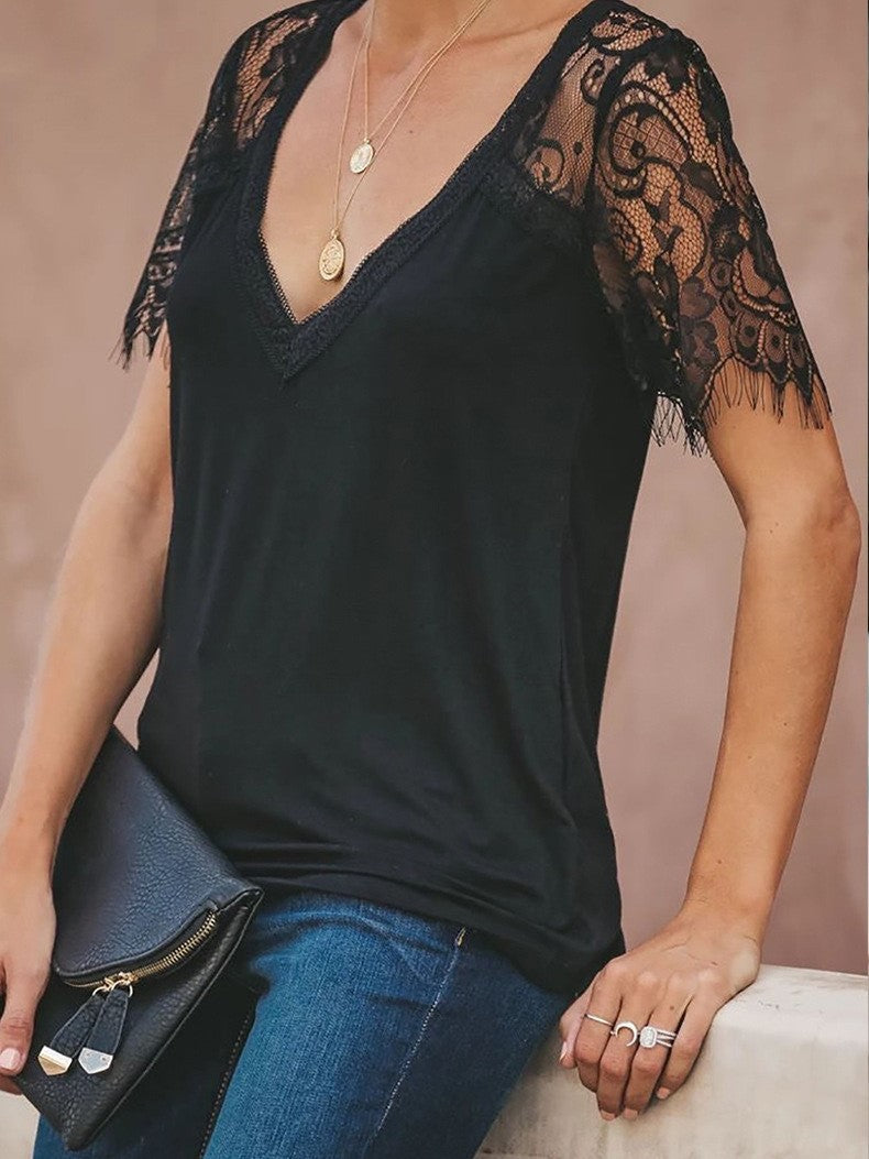 Short Sleeve V-Neck Feather Lace Lace Sleeve Top