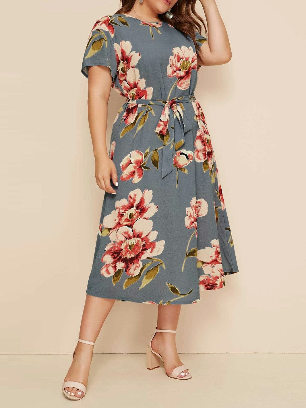 Round Neck Short Sleeve Printed Waist Dress