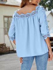 Lace Panel Square Neck Loose Casual Half Sleeve T-Shirt