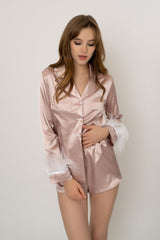 Ballari Feather Trim Pajama Set-Rose