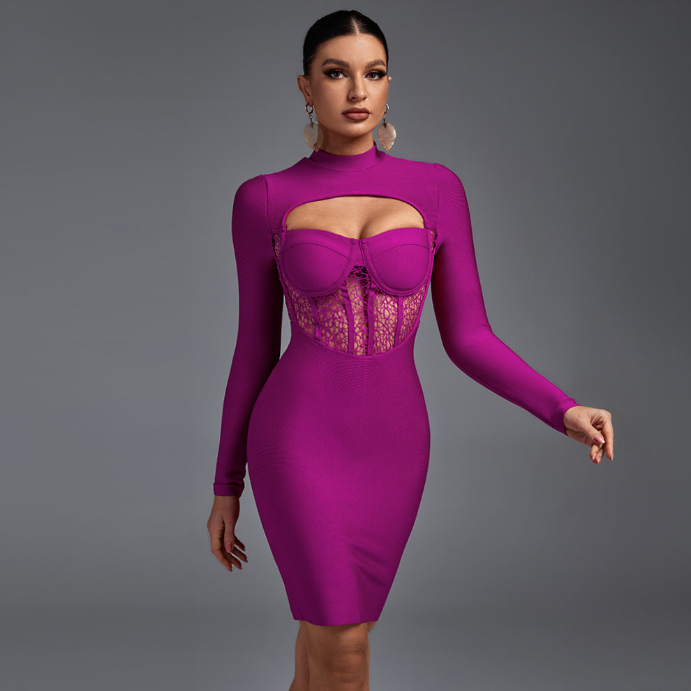 High Neck Long Sleeve Cut Out Midi Bandage Dress