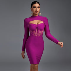 High Neck Long Sleeve Cut Out Midi Bandage Dress