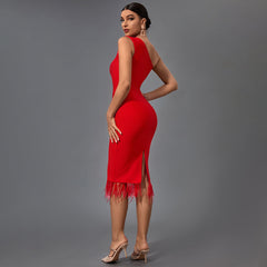 One Shoulder Sleeveless Tassels Midi Bandage Dress