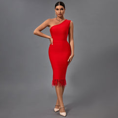 One Shoulder Sleeveless Tassels Midi Bandage Dress