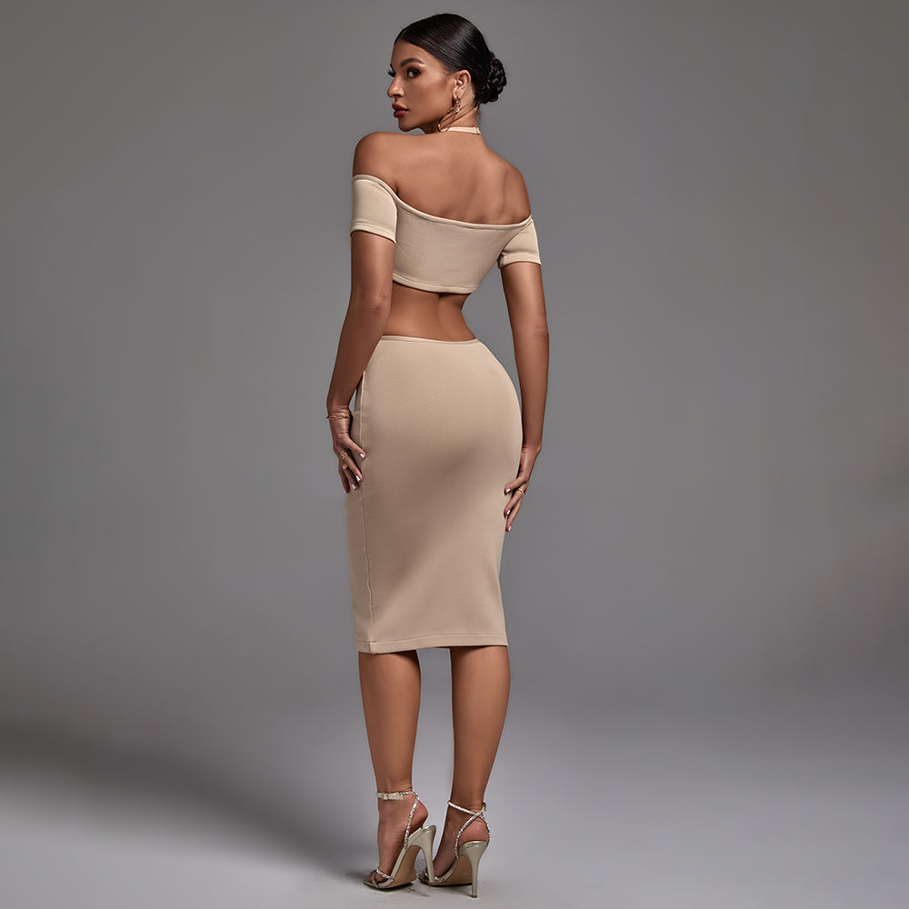 Halter Short Sleeve Cut Out Midi Bandage Dress