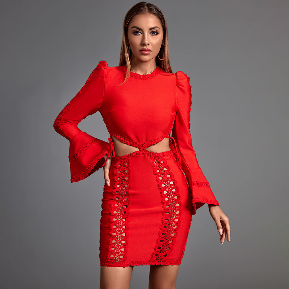 Round Neck Long Sleeve Cut Out Mini Bandage Dress